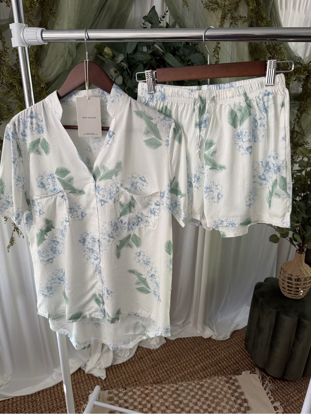 Floral Short Pajama Set with Pale Blue and Soft Green Print